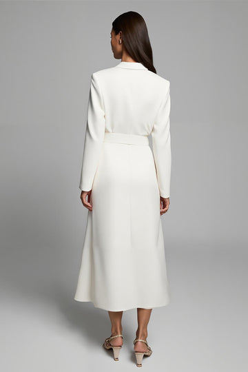 Ivory A-Line V-Neck Long Sleeve Work Dress With Belt